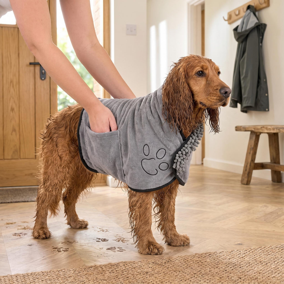 Hond afdrogen na een regenwandeling met een hondenhanddoek met handzakken