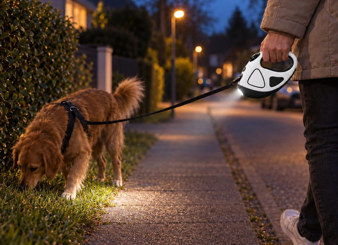 Avondwandeling met een hond aan de Virovo LumiWalk oprolbare hondenlijn met LED-lamp