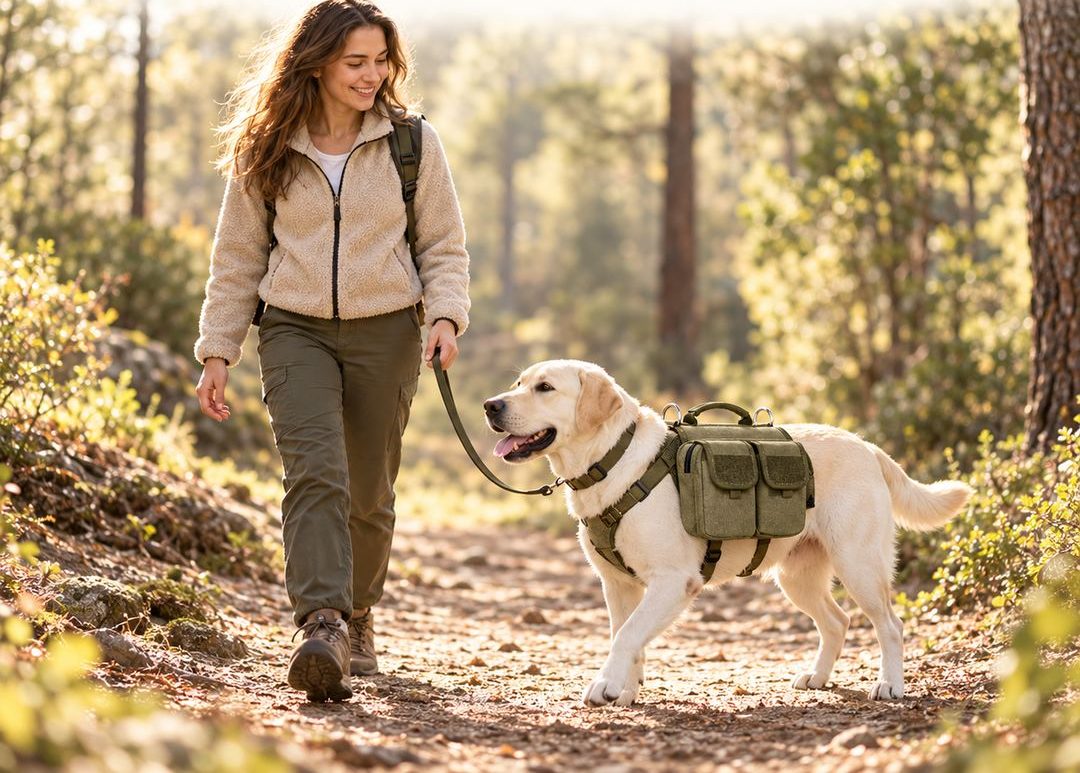 Wandeling in het bos met een hond die de Virovo PawTrail hondenrugzak draagt