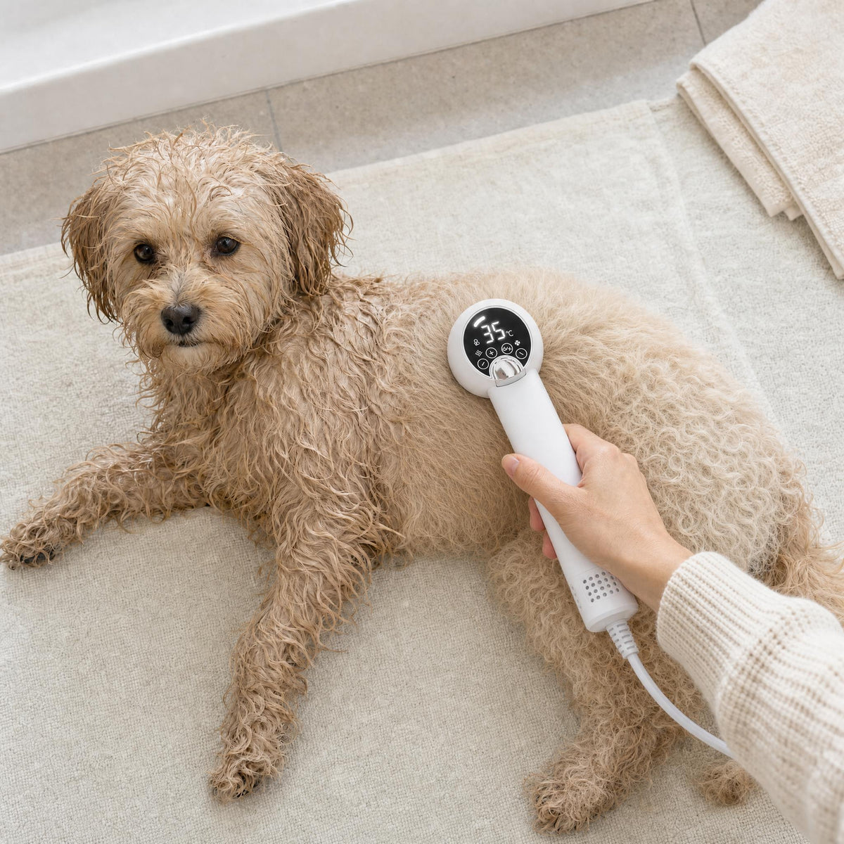 Natte vacht drogen en borstelen met de Virovo AirBrush