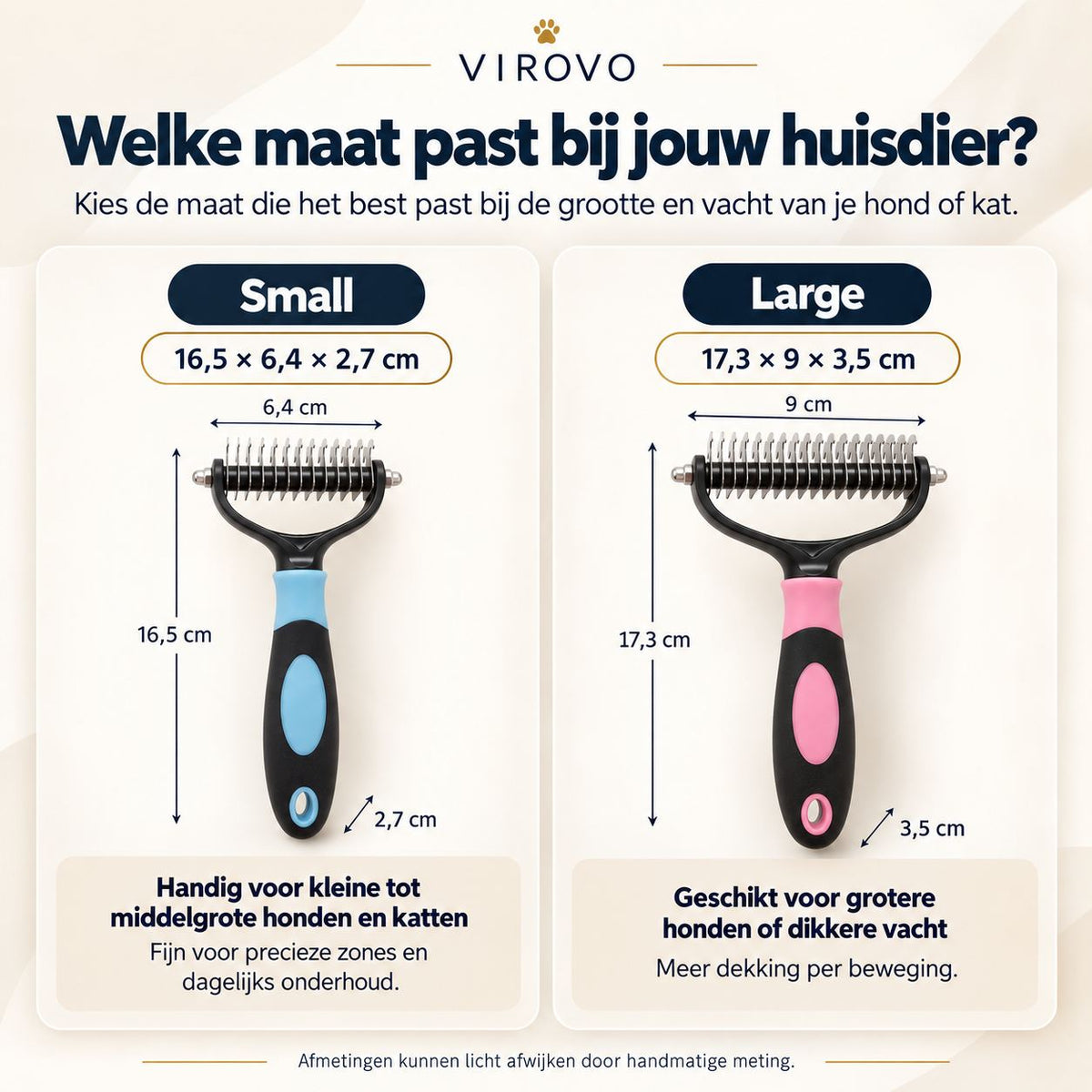 Maatgids Virovo DuoComb Small en Large voor hond en kat