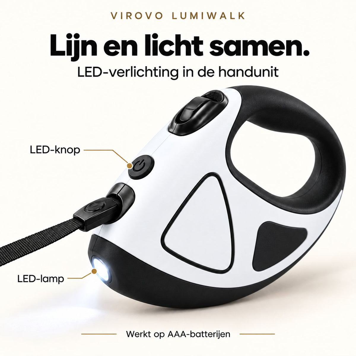 LED-lamp en lichtknop op de witte LumiWalk; voeding met AAA-batterijen.
