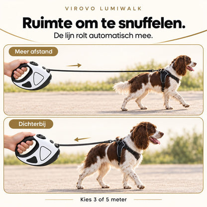 Illustratie van de LumiWalk-lijn bij een grotere en kleinere afstand tot de hond.