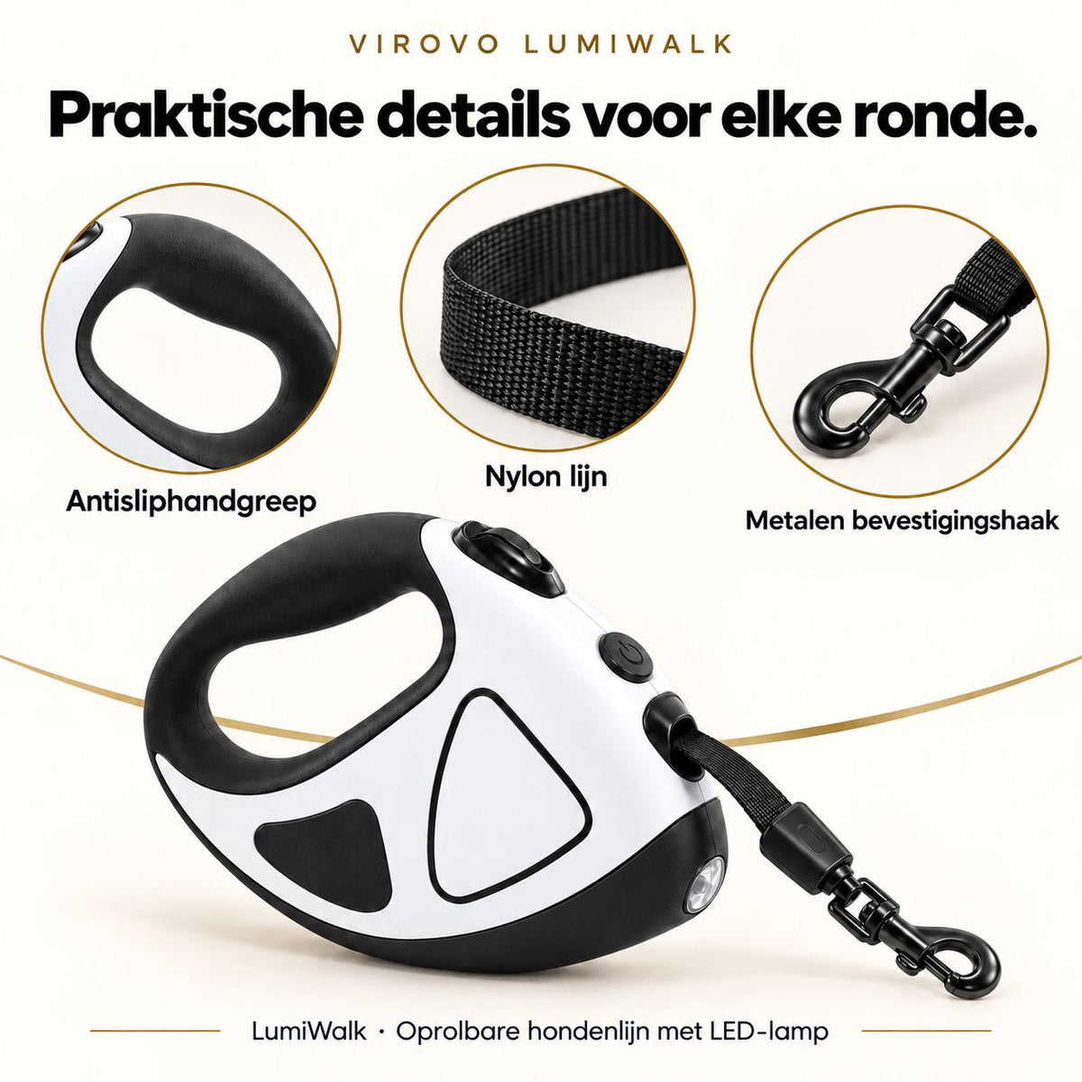 Antisliphandgreep, nylon lijn en metalen bevestigingshaak van de witte LumiWalk.