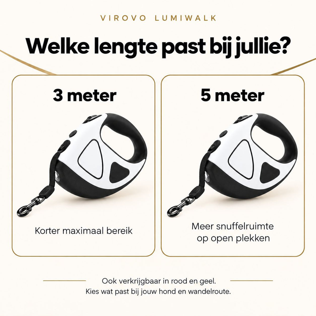Keuzehulp voor de LumiWalk hondenlijn van 3 of 5 meter.