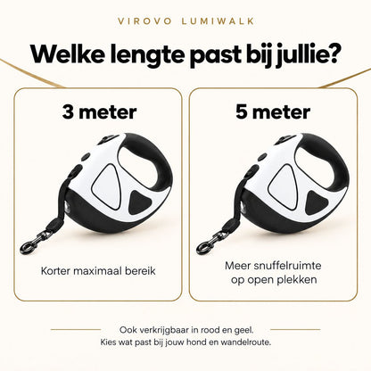 Keuzehulp voor de LumiWalk hondenlijn van 3 of 5 meter.
