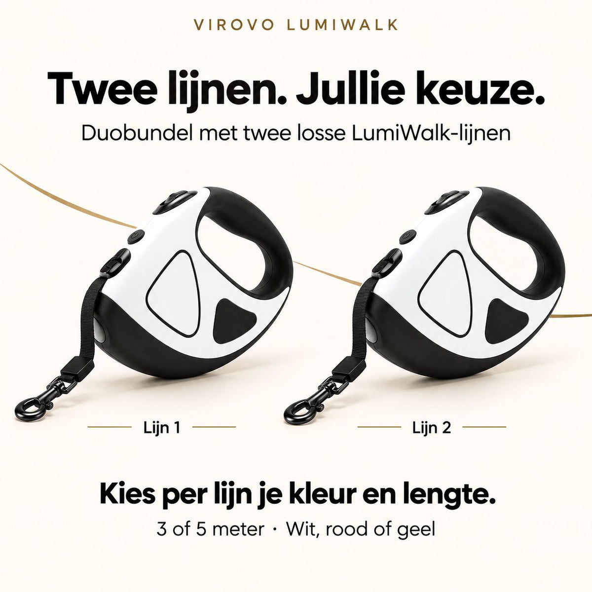 LumiWalk-duobundel met twee losse witte hondenlijnen; kleur en lengte per lijn te kiezen.