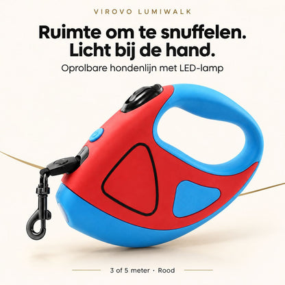 Rode LumiWalk oprolbare hondenlijn met blauwe accenten en LED-lamp.