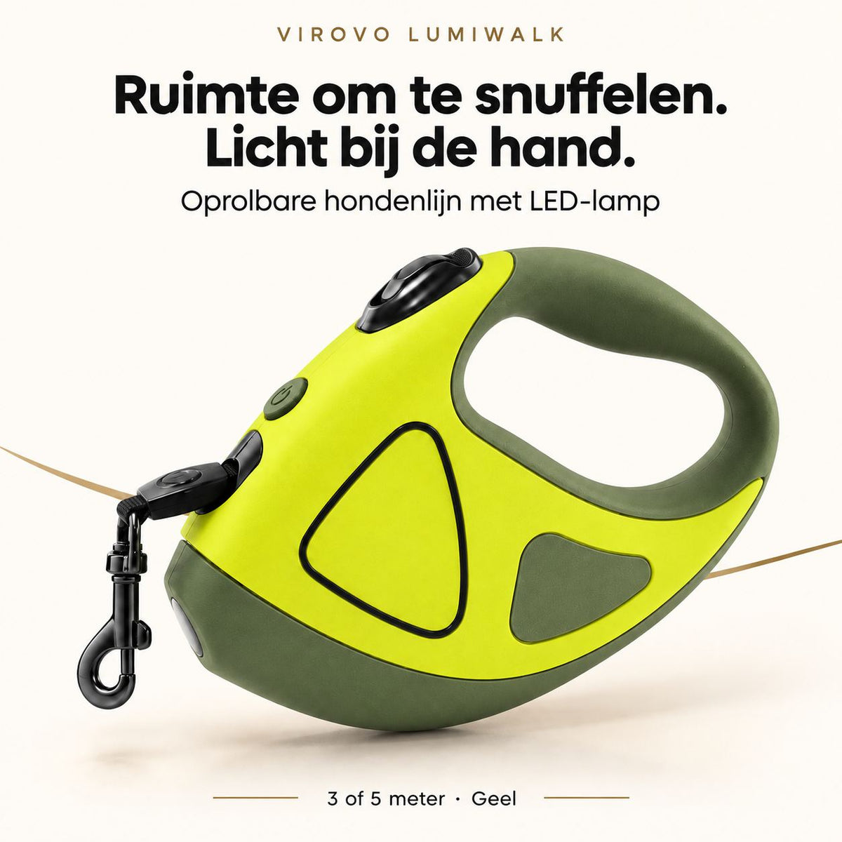 Gele LumiWalk oprolbare hondenlijn met olijfgroene accenten en LED-lamp.