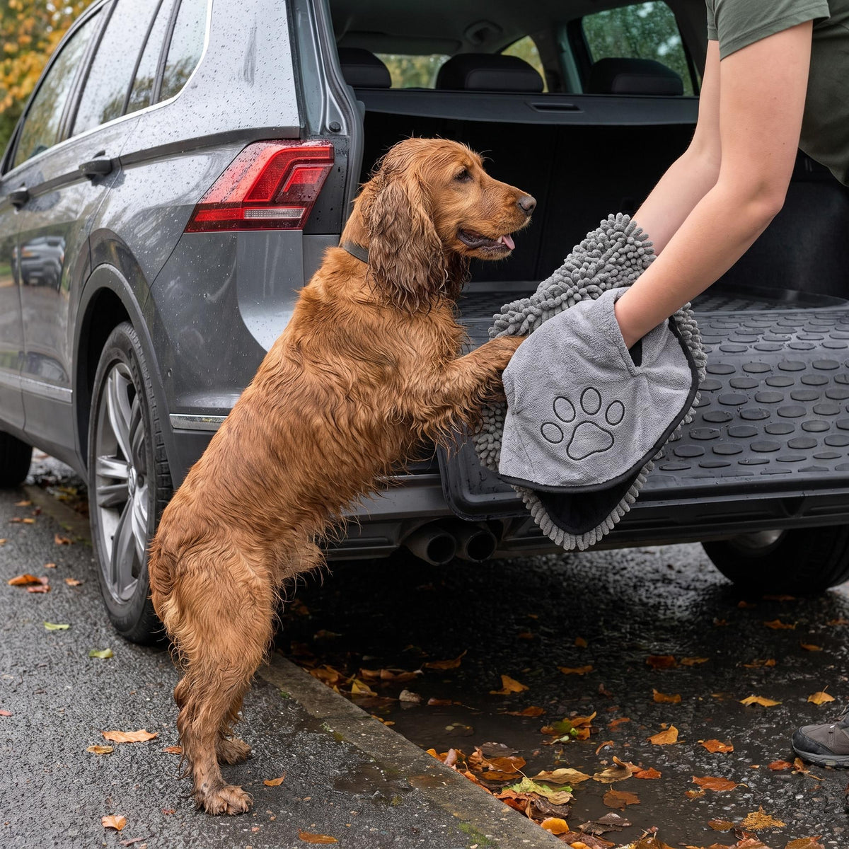 Virovo DryGrip hondenhanddoek voor natte hondenpoten bij de auto