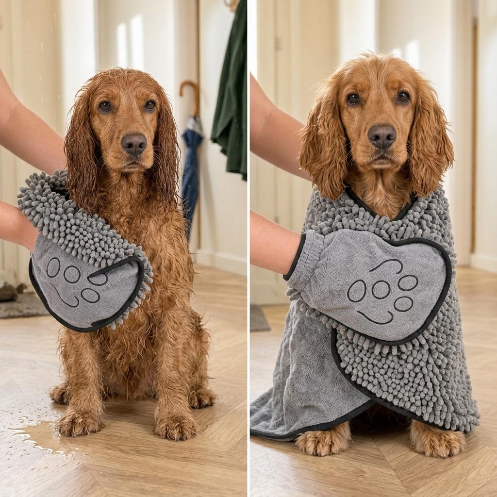 Natte hond afdrogen met Virovo DryGrip hondenhanddoek