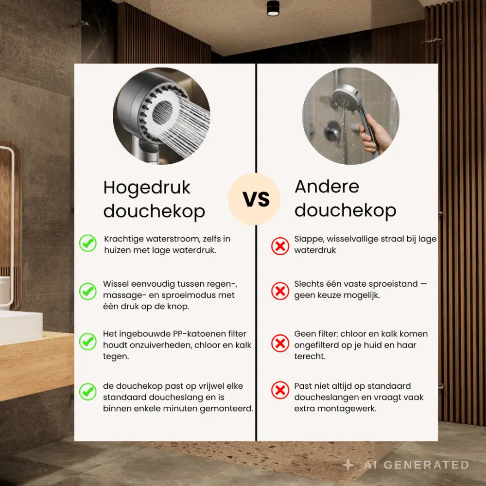 Hogedruk Douchekop Met 3 Sproeistanden en Waterfilter