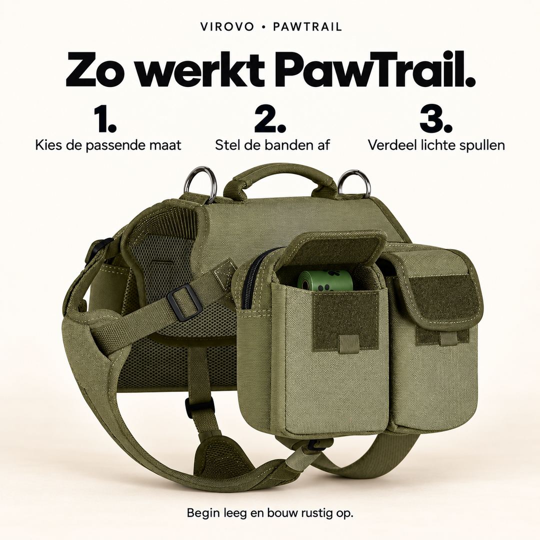 PawTrail gebruiken: passende maat kiezen, banden afstellen en lichte spullen verdelen