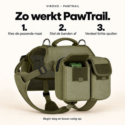 PawTrail gebruiken: passende maat kiezen, banden afstellen en lichte spullen verdelen