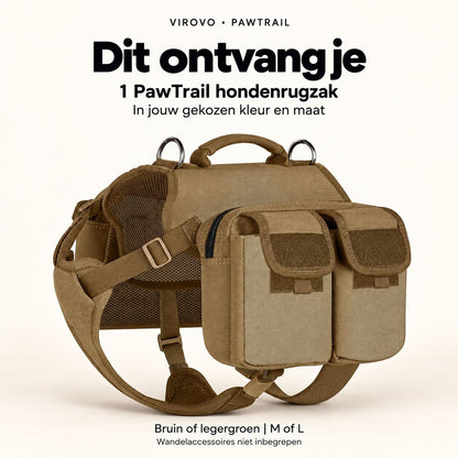 Inhoud: één PawTrail hondenrugzak in de gekozen kleur en maat, zonder wandelaccessoires