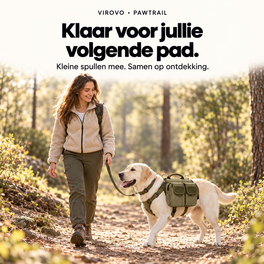 Hond met legergroene PawTrail hondenrugzak tijdens een boswandeling