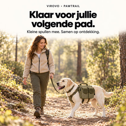 Hond met legergroene PawTrail hondenrugzak tijdens een boswandeling