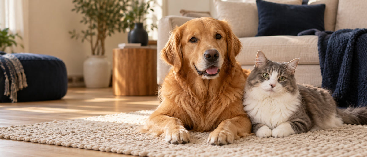 Golden retriever en kat samen op de bank in een gezellig huis